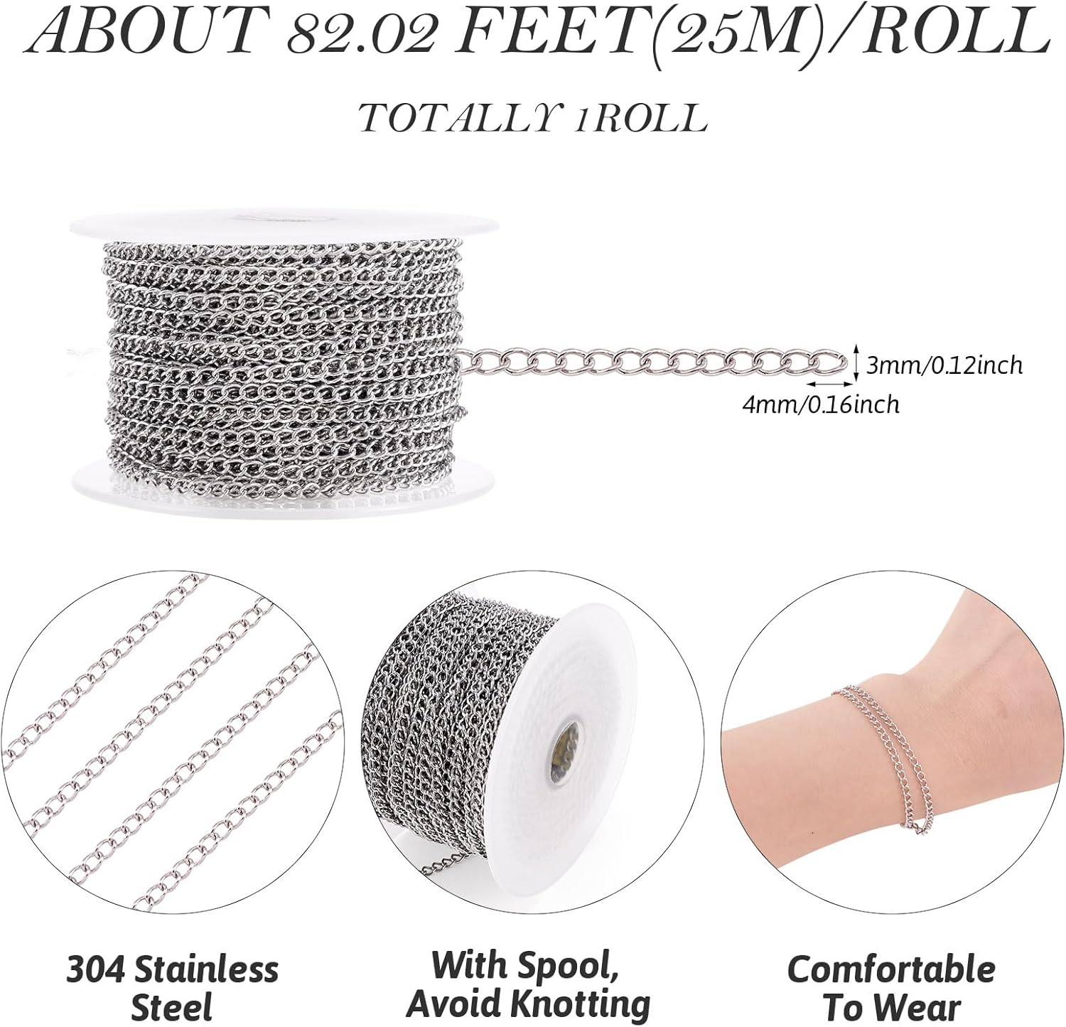 Pandahall 82 Feet/25M Soldered 304 Stainless Steel Curb Chains 4x3x0.6mm Stainless Steel Color Plated for Jewelry Making - Image 5
