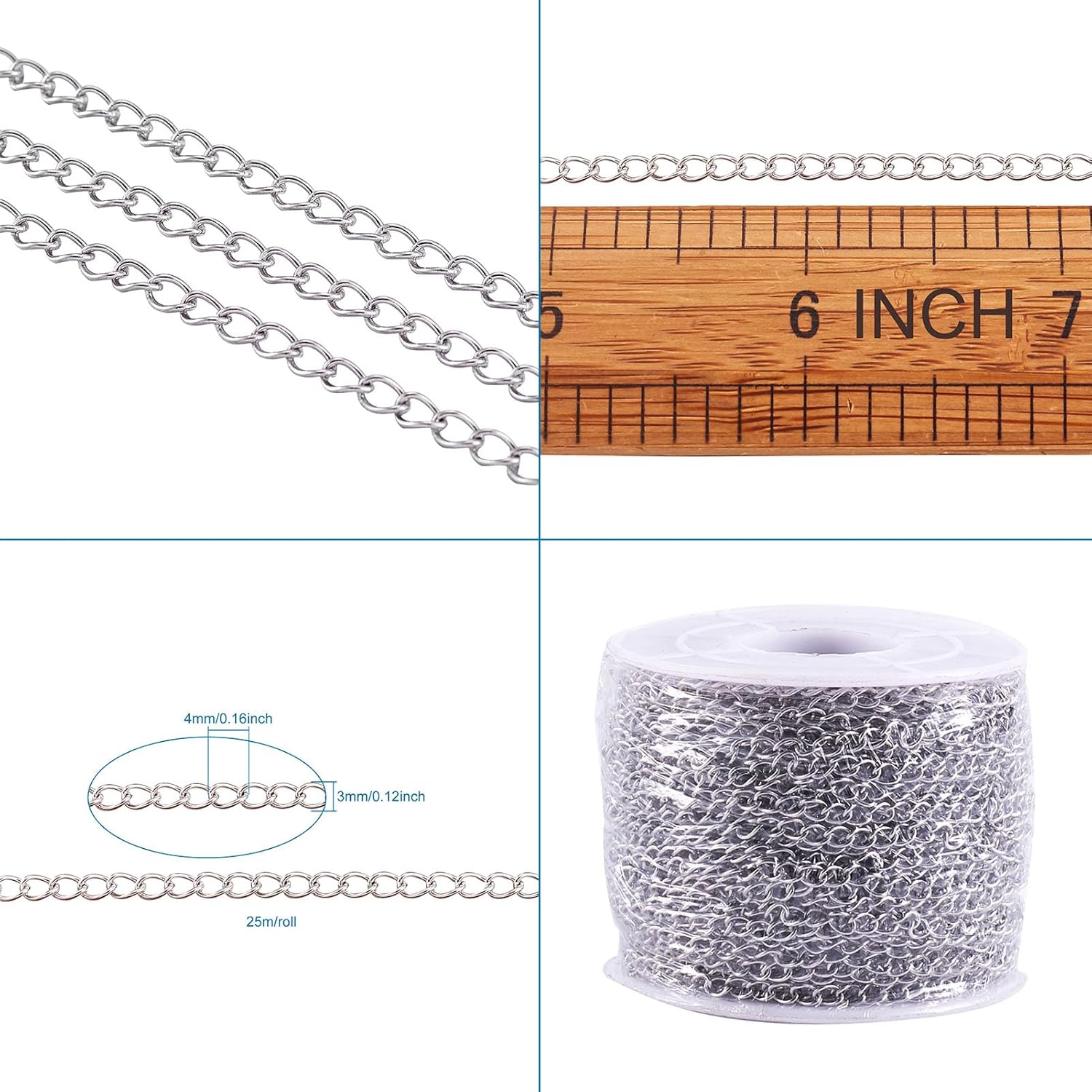 Pandahall 82 Feet/25M Soldered 304 Stainless Steel Curb Chains 4x3x0.6mm Stainless Steel Color Plated for Jewelry Making - Image 6